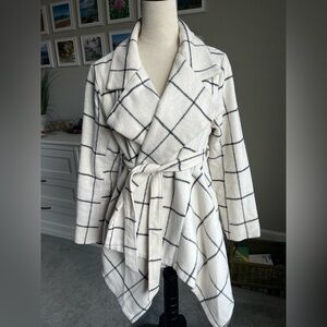 Women’s White Windowpane Plaid Wrap Coat – Size M